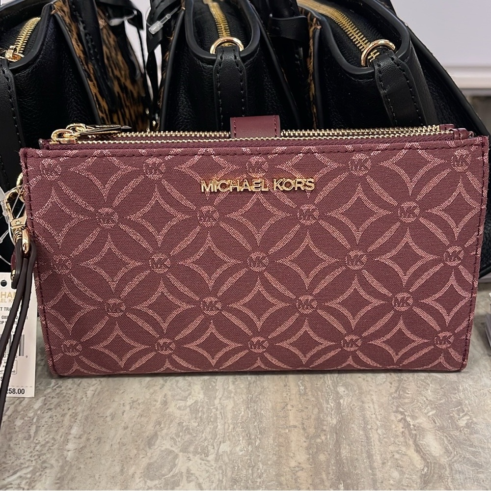 Michael Kors Jet Set Travel Large Double-Zip Wristlet-Wallet-PhoneHolder Oxblood